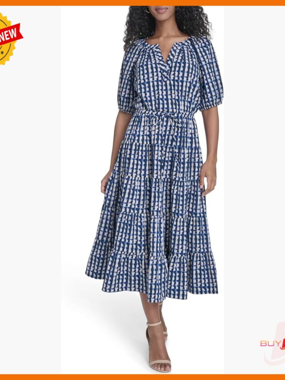 Short Balloon Sleeve Split Neck Tiered A-Line Midi Dress
